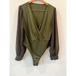 Womens Olive Green Bodysuit Blouse with Long Sheer Sleeves | Size XL